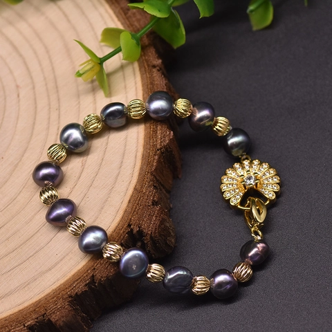 Bracciale in Perle d'Acqua Dolce Fatto a Mano per Donna Vintage Perle Barocche Viola Scuro Placcato Oro Strass Chiusura a Ventaglio