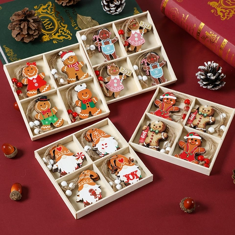 Christmas Wooden Hanging Pendants Gingerbread Man Gnomes Snowflake Festive Ornament Colorful Home Decor With Wooden Box