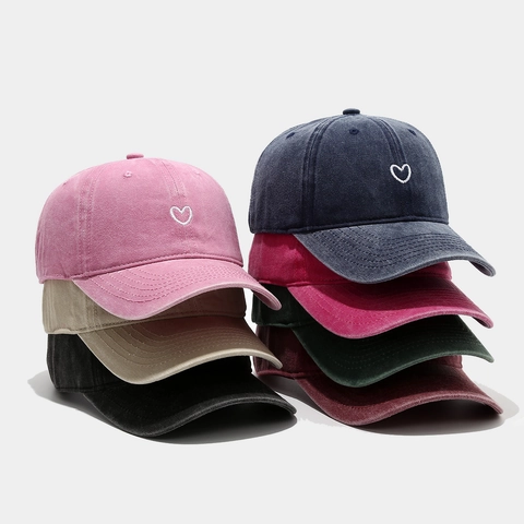Vintage Washed Cotton Baseball Cap Heart Embroidery Adjustable Soft Top Sun Hat For Women And Men Casual Outdoor