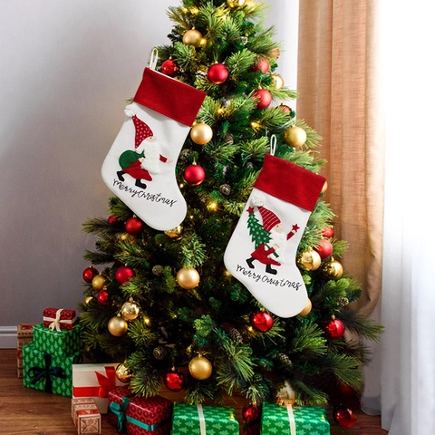 Calza Di Natale Tessuto Peluche Applique Babbo Natale Gnomo Ricamo Grande Decorazione Appesa Camino Albero