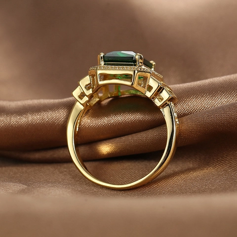 Bague Vintage en Laiton Plaqué Or avec Zircone Taille Émeraude Vert Blanc pour Femmes Accessoire de Luxe Bijoux de Fête