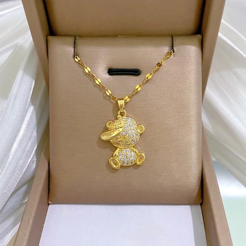 Hanger Ketting Roestvrij Staal Verguld Volledige Zirkoon Fonkelende Jongen Beer Met Hoed Sieraden Cadeau Voor Vrouwen