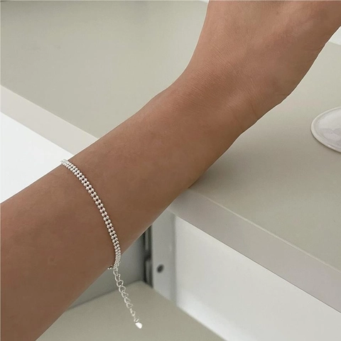 Bracciale Con Perle Tonde In Argento Sterling 925 Minimalista Linea Sottile Geometrica Doppio Strato Gioielli Fatti A Mano