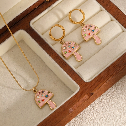 Collana A Fungo E Orecchini A Cerchio Acciaio Inossidabile Zircone Colorato Smalto Rosa Gioielli Dolci Per Donne