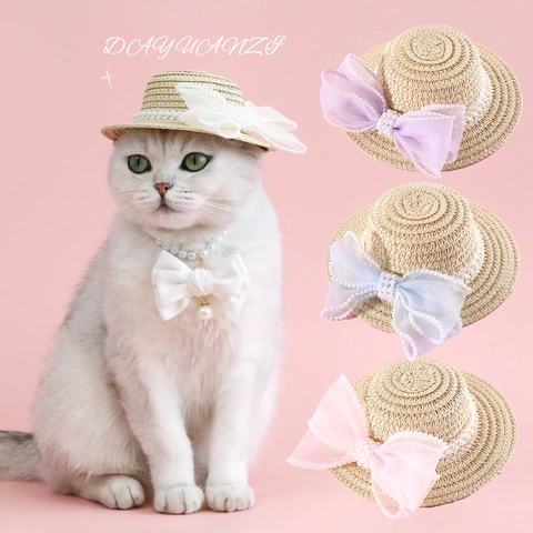 Cappello Di Paglia Per Animali Domestici Perla Artificial Pizzo Fiocco In Rete Principessa Protezione Solare Per Gatti Cani