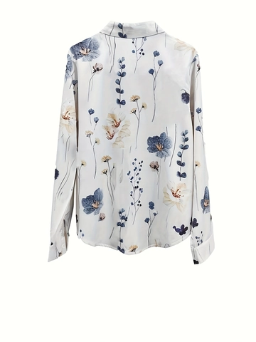 Chemisier Pour Femmes Imprimé Floral Polyester Élasthanne Manches Longues Revers Boutonné Décontracté Bureau Vacances