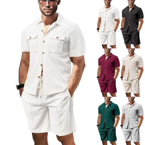 Men Summer Casual Waffle Knit Polyester Short Sleeve Button Down Shirt And Pocket Drawstring Shorts Solid Color Breathable Lounge