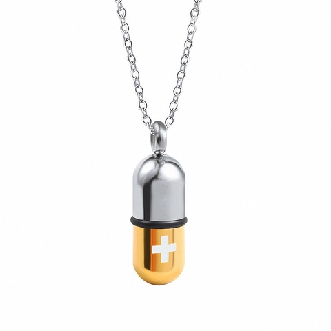 Stainless Steel Capsule Pill Pendant Necklace Openable Memorial Keepsake For Ash With Cross Icon Minimalist Jewelry