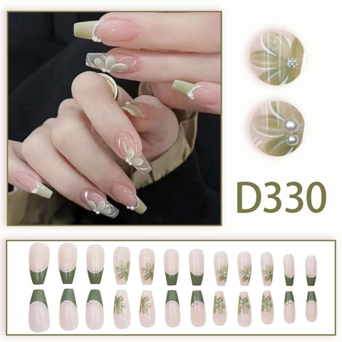 Lange Coffin Press On Nagels Frans Groen Nude Kunstmatige Valse Nagels Met Driedimensionale Bloemen Kunstparels Elegant