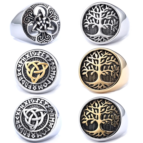 Viking Ring Men 316L Stainless Steel Tree Of Life Nordic Runes Celtic Knot Vintage Punk Gothic Band Signet Ring Jewelry
