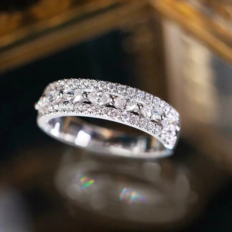 Marquise Cut Zirconia Triple Row Half Eternity Ring Copper White Gold Plated Elegant Niche Design Jewelry Women Gift