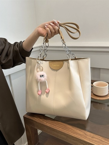 Large Capacity Tote Bag PU Leather Contrast Color Shoulder Bag With Metal Chain And Plush Charm For Women Daily Commute