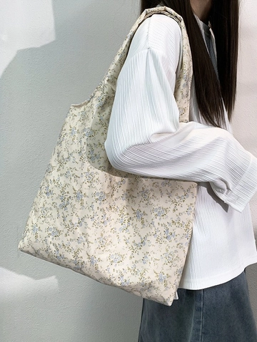 Women Canvas Shoulder Bag Large Capacity Floral Print Retro Korean Style Tote Handbag For Daily Shopping Travel