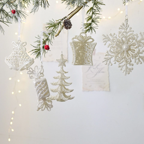 Christmas Hanging Ornaments Glitter Snowflake Reindeer Bell For Xmas Tree Holiday Party Home Decor White Gold