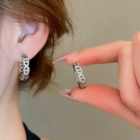 Koperen Creolen Met Zirkonia Geometrische Schakelketting Verzilverd Met 925 Sterling Zilveren Oorsteker