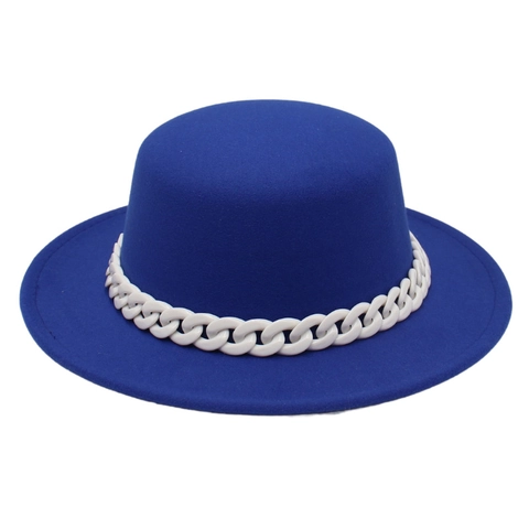 Boater Hat Wool Felt Flat Top Wide Brim Acrylic Chain Decor Vintage Elegant French Style Women Accessories