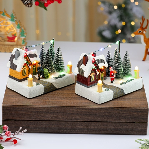 Weihnachtsdorf Haus Miniatur Leuchtende LED Licht Harz Musikbox Schneeszene Weihnachtsmann Feiertag Tischdekoration
