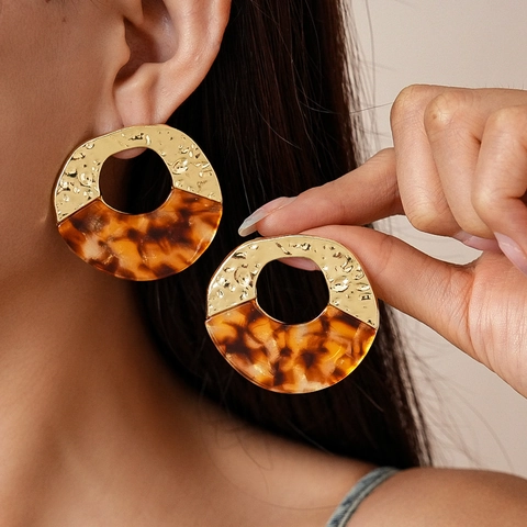 Geometric Round Hollow Earrings Hammered Alloy Tortoiseshell Acrylic With 925 Sterling Silver Earring Post Retro Women