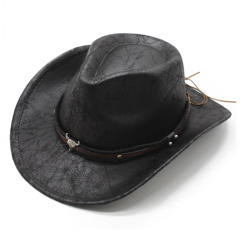 Chapeau De Cow-Boy Western Vintage Suédine Cuir PU Texture Craquelée Bord Large Décor Crâne De Taureau Rétro Fedora