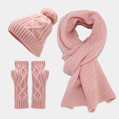 Women Winter Cable Knit Beanie Hat Scarf Fingerless Gloves With Faux Fur Pom Pom Warm Thick Acrylic Outdoor Accessories