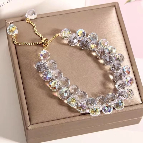 Doppelreihiges Facettiertes Aurora Kristallperlen Armband Für Mädchen 18K Vergoldet Verstellbare Kette Schmuck