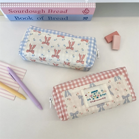 Gingham Pencil Case Large Capacity Floral Bow Stationery Pouch Polyester Cute Portable Desktop Storage Student Organizer