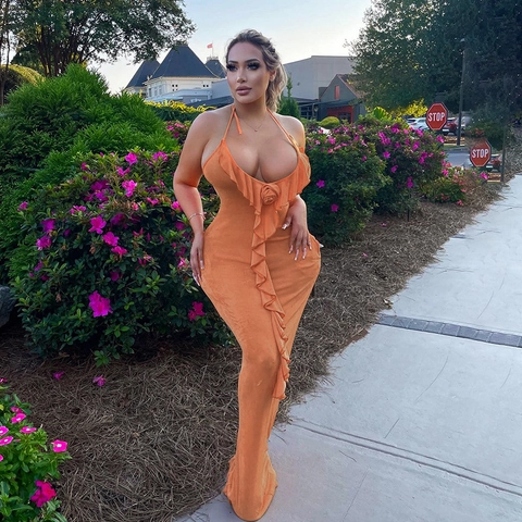 Halter Maxi Dress With Fabric Flower Ruffle Trim Backless Slim Fit Sleeveless Polyester Spandex Sexy Evening Party Vacation