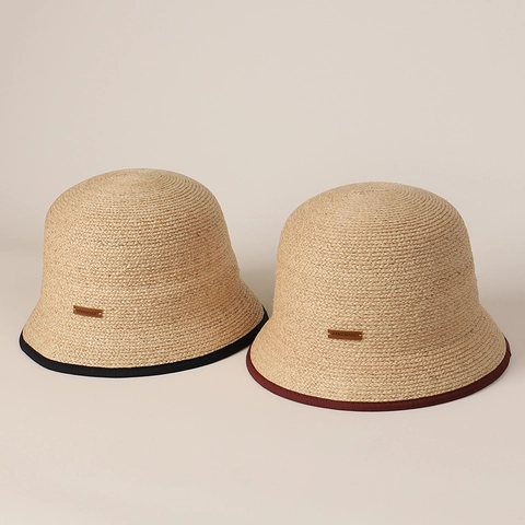Cappello a Secchiello in Paglia di Rafia da Donna Estate Pieghevole Traspirante Cappello da Sole Con Etichetta in Pelle Artigianale E Bordo a Contrasto