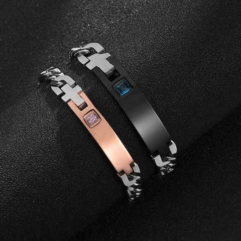 Edelstahl Kreuz Paar Armband Panzerkette Eingelegter Quadratischer Zirkonia Mode Punk Schmuck Für Damen Und Herren