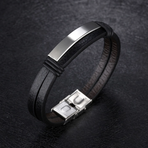 Pulsera De Cuero PU Trenzado De Doble Capa Con Cierre Magnético De Acero Inoxidable Brazalete Punk Geométrico Para Hombre