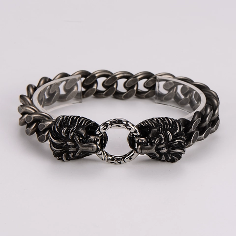 Dubbele Leeuwenkop Armband 304 Roestvrij Staal Punk Hip Hop Curb Link Chain Heren Vintage Sieraden