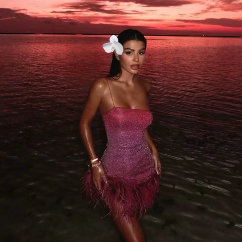 Mini Abito Canotta Luccicante Sfumato Viola Rosa Con Piume Slim Fit Sexy Party Clubwear Per Donne