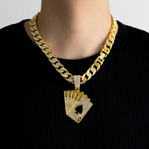 Collana Con Pendente Carte Da Gioco Hip Hop Iced Out Lega Zinco Strass Royal Flush Picche Catena Cubana Gioielli