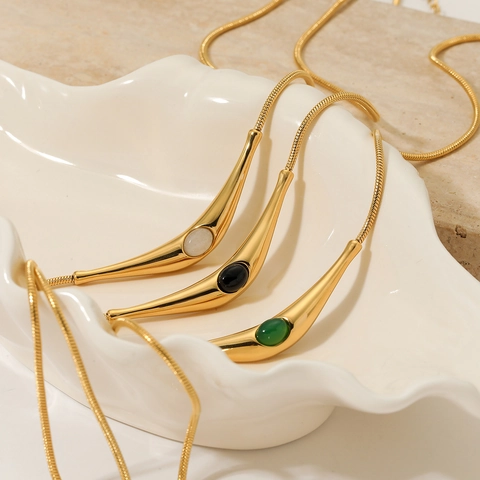 Collana Elegante In Acciaio Inossidabile Con Ciondolo In Gemma Ovale Arco Aerodinamico Catena A Serpente Gioielli Minimalisti Per Donna