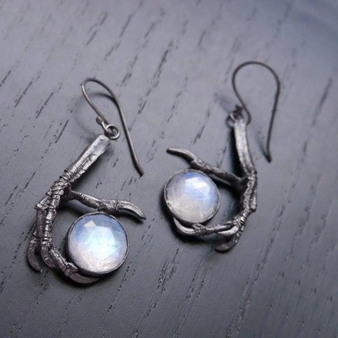 Gothic Bird Claw Drop Hook Earrings Antique Silver Alloy With Round Blue Moonstone Retro Dark Style Jewelry For Women
