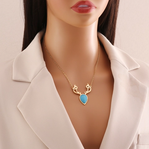 Antler Pendant Necklace Turquoise Jewelry Earrings Bracelet Ring Stainless Steel Gold Plated Deer Horn Clavicle Chain Women