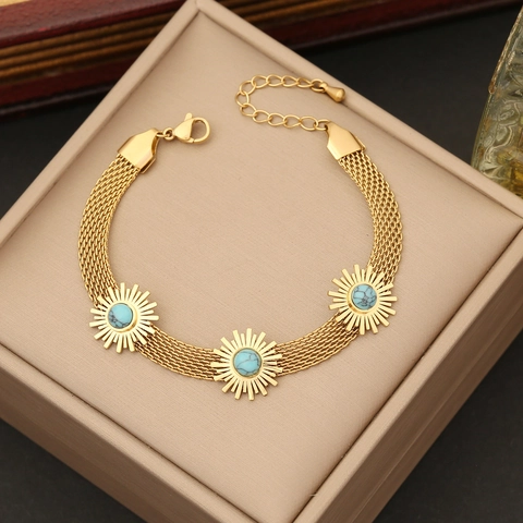 Collana Pendente Sole Turchese Acciaio Inossidabile Catena Maglia Gioielli Boho Vintage Per Donna Placcato Oro