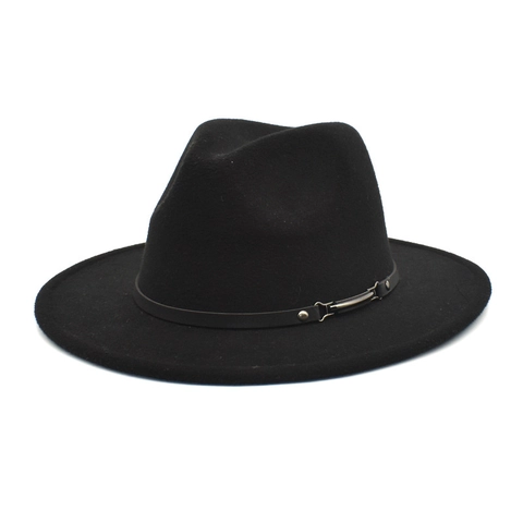 Classic Wide Brim Fedora Hat Woolen Felt Jazz Cap With Leather Belt Metal Buckle Retro Style Unisex Sun Shade