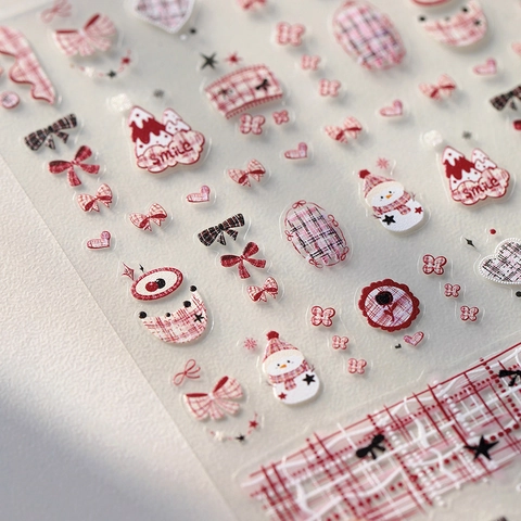 Christmas Nail Art Stickers Snowman Plaid Heart Bow Self Adhesive Ultra Thin Winter Holiday Matte Nail Decals