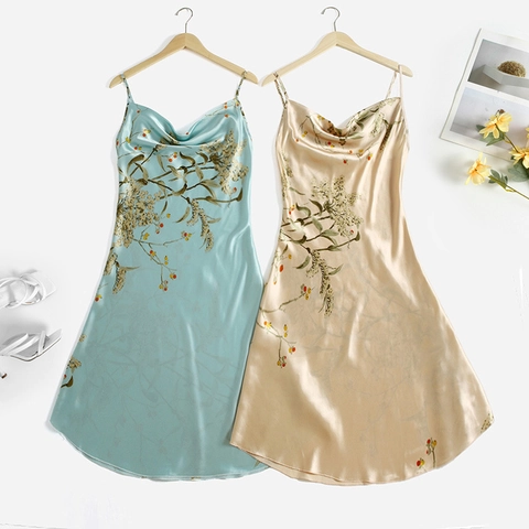 Blumendruck Nachthemd Satinnimitat Wasserfallausschnitt Spaghettiträger Schlafanzug Loungewear Slip Kleid Für Damen