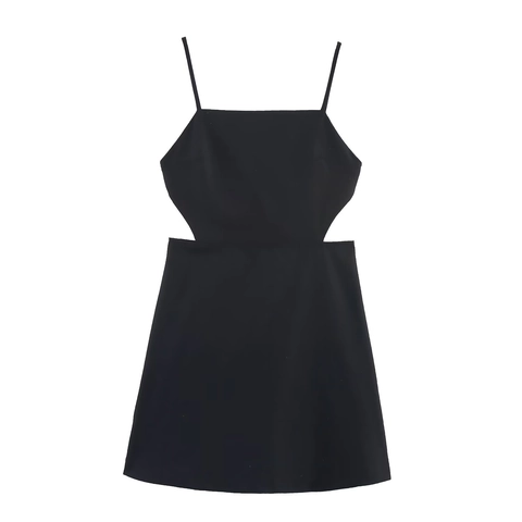Sexy Mini Dress Polyester Backless Cut Out Side Spaghetti Strap Nightclub Party Elegant Solid Black For Women
