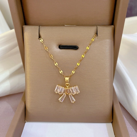 Butterfly Bow Pendant Necklace Titanium Steel Chain Copper Micro Inlaid Zircon Gold Plated Fashion Jewelry For Women