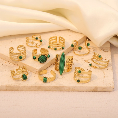 Vintage Malachite Open Ring Stainless Steel Multi Layer Hollow Out Sun Moon Star Jewelry For Women