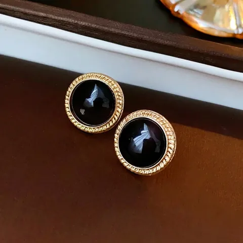 Vintage Round Cat Eye Stone Stud Earrings With Silver Earring Post Alloy Twisted Rope Border French Style For Women