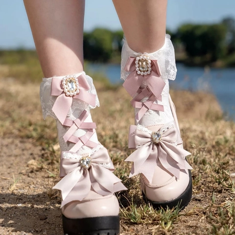 Lolita Socks Cotton Lace Trim Ribbon Bows Artificial Pearl Rhinestone Accents Japanese JK Style Sweet Women Hosiery