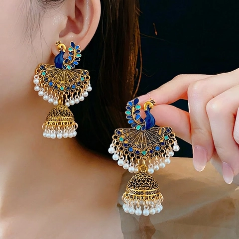 Vintage Ethnic Peacock Jhumka Tassel Alloy Earrings With Enamel Faux Artificial Pearl And Silver Earring Post For Women