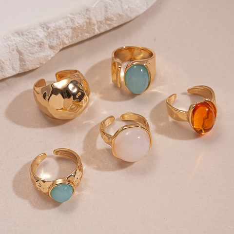 Geometrische Ovale Verstellbare Offene Ringe Legierung Harz Gehämmerte Textur Vintage Boho Mode Schmuck Für Damen
