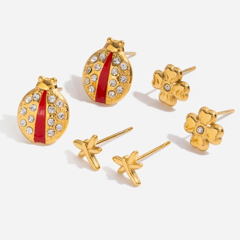 Stainless Steel Insect Ladybug Dragonfly Clover Stud Earrings Gold Tone Rhinestone Enamel Nature Jewelry For Women