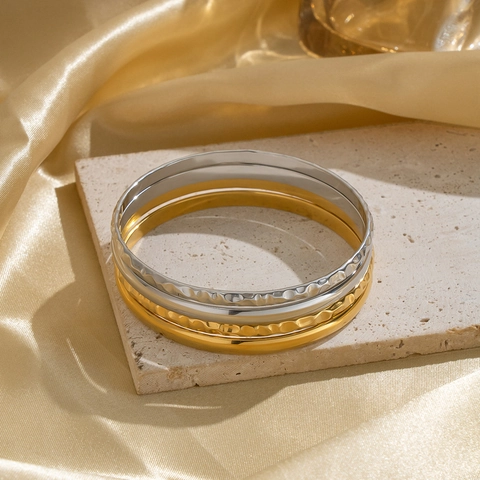 Minimalist Bangles For Women Stainless Steel Hammered And Smooth Texture Waterproof 18K Gold Plated Geometric Jewelry