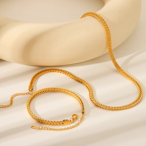 Collar Y Pulsera De Cadena Tejida De Acero Inoxidable Chapado En Oro De 18K Joyería Chic Minimalista Para Mujer